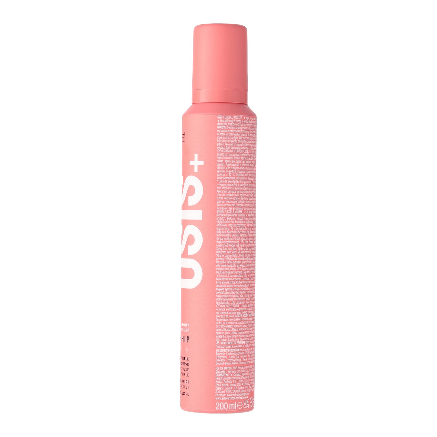 OSiS+ Air Whip Flexible Mousse — 200 ml pink aerosol can, rear view with directions