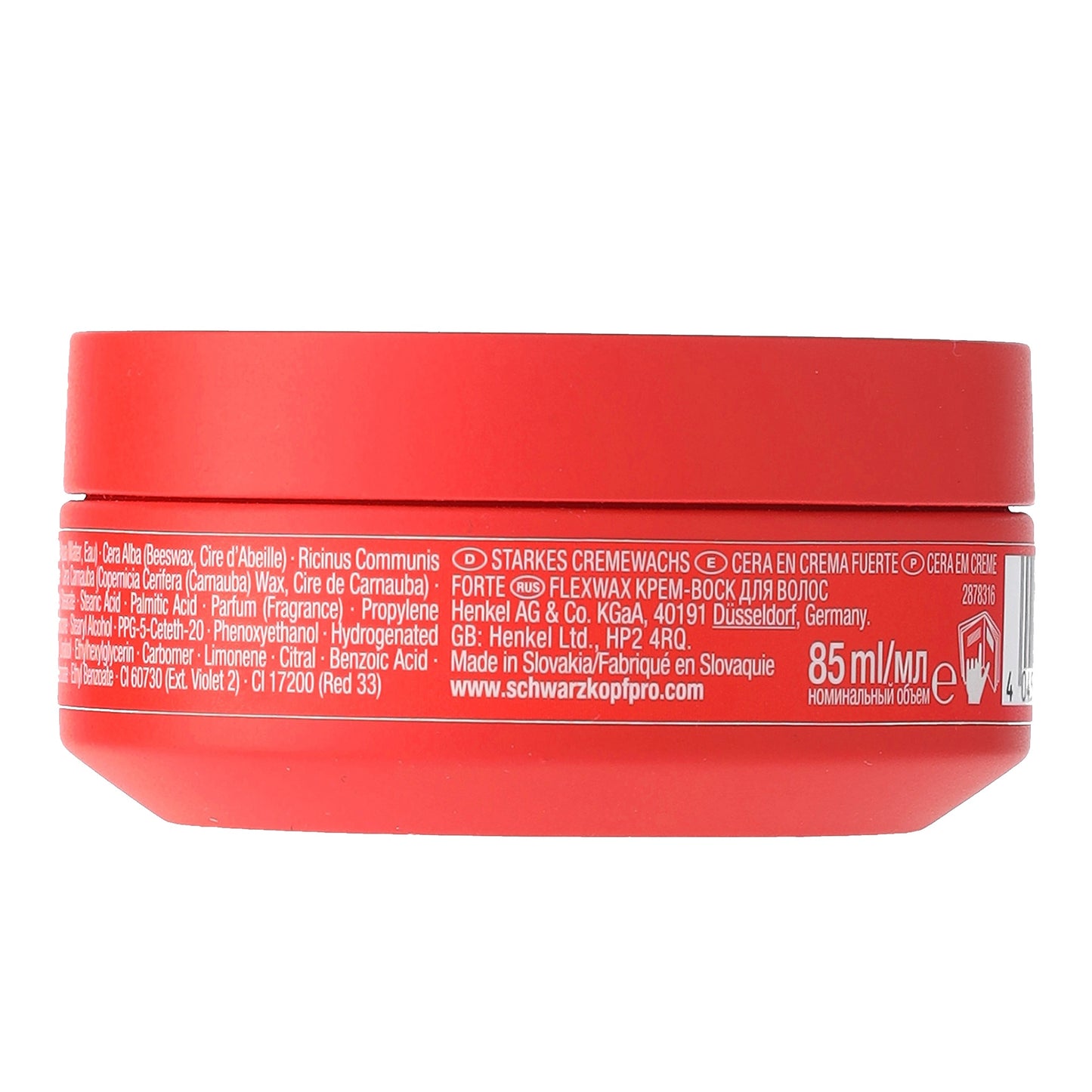 OSiS+ FlexWax Strong Cream Wax — 85 ml red jar, back view with barcode panel