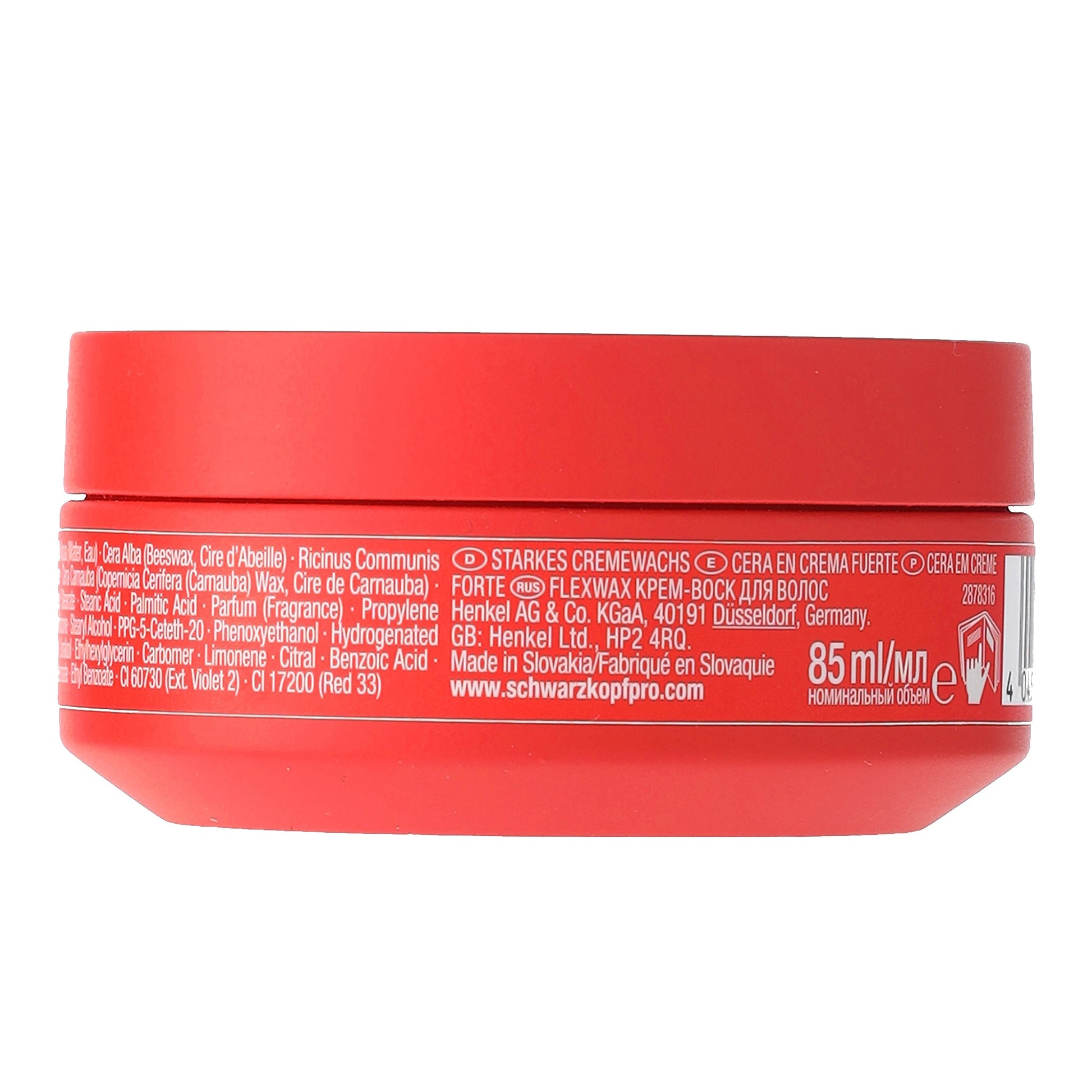 OSiS+ FlexWax Strong Cream Wax — 85 ml red jar, back view with barcode panel
