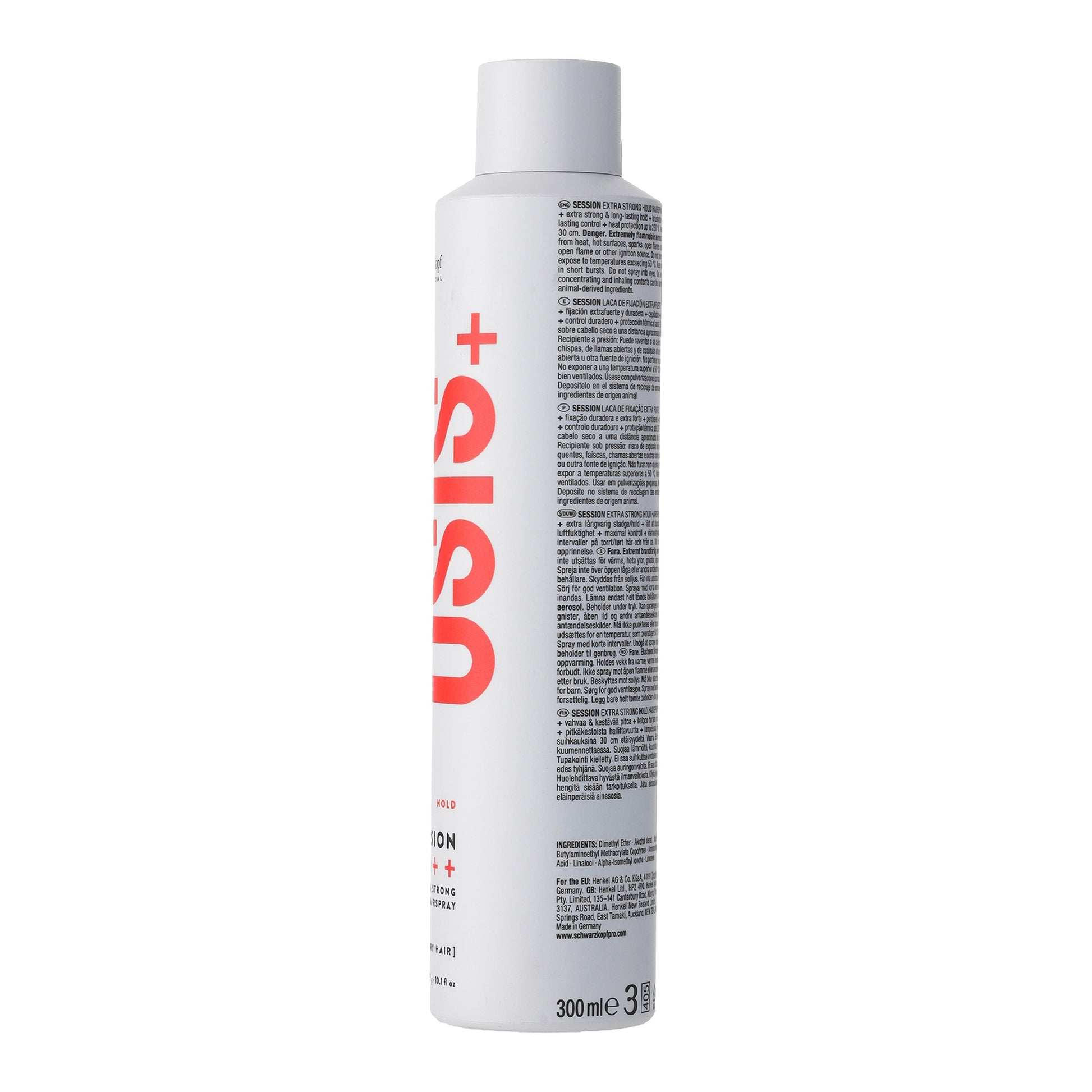 OSiS+ Session Extra Strong Hold Hairspray — 300 ml white aerosol can, rear view with directions
