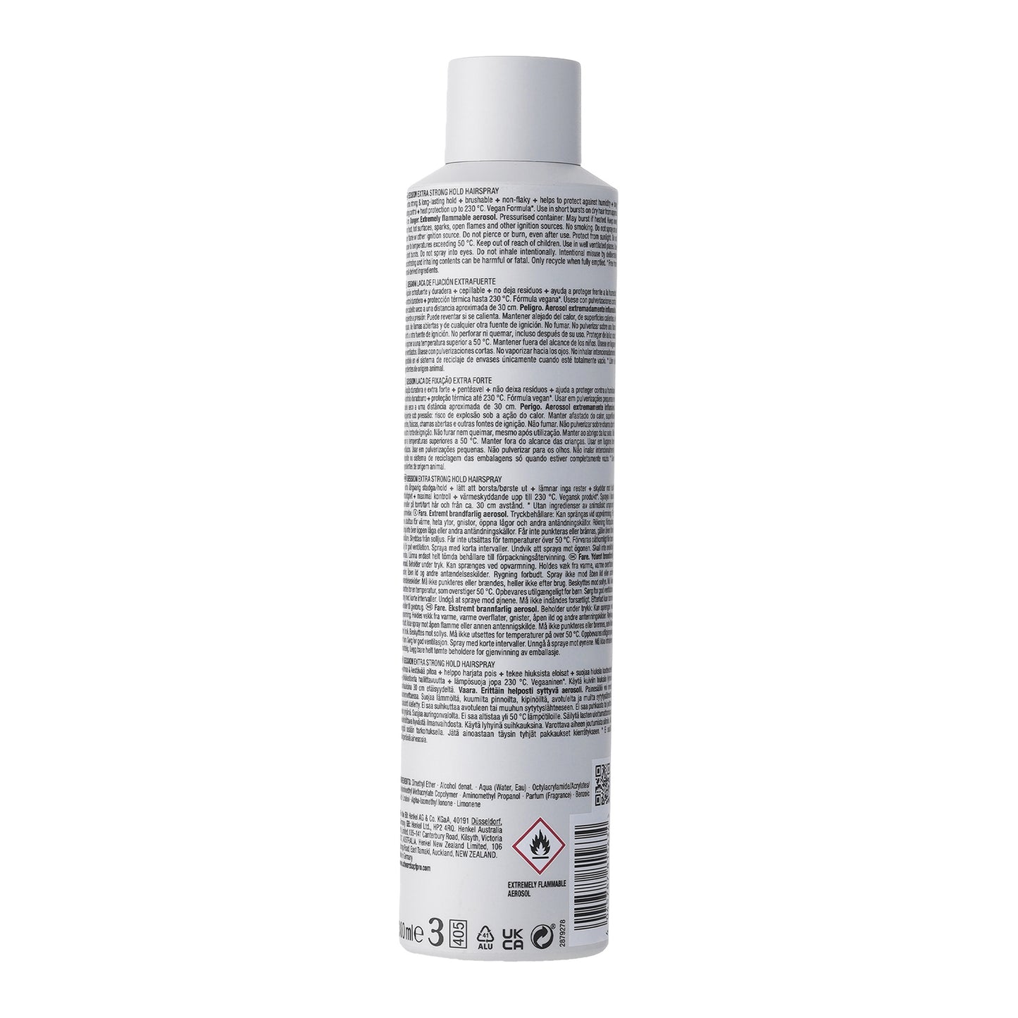 OSiS+ Session Extra Strong Hold Hairspray — 300 ml white aerosol can, back view with barcode
