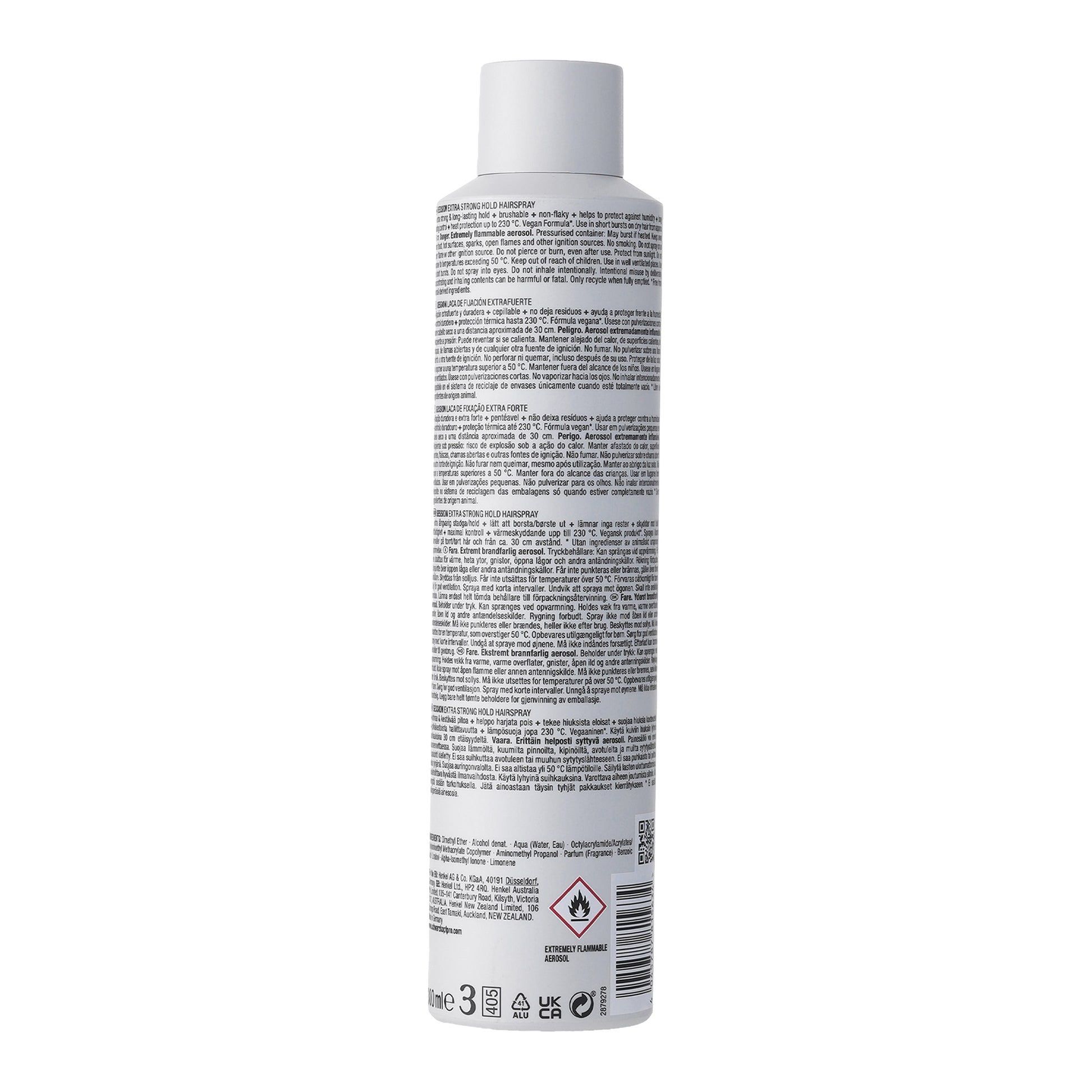 OSiS+ Session Extra Strong Hold Hairspray — 300 ml white aerosol can, back view with barcode
