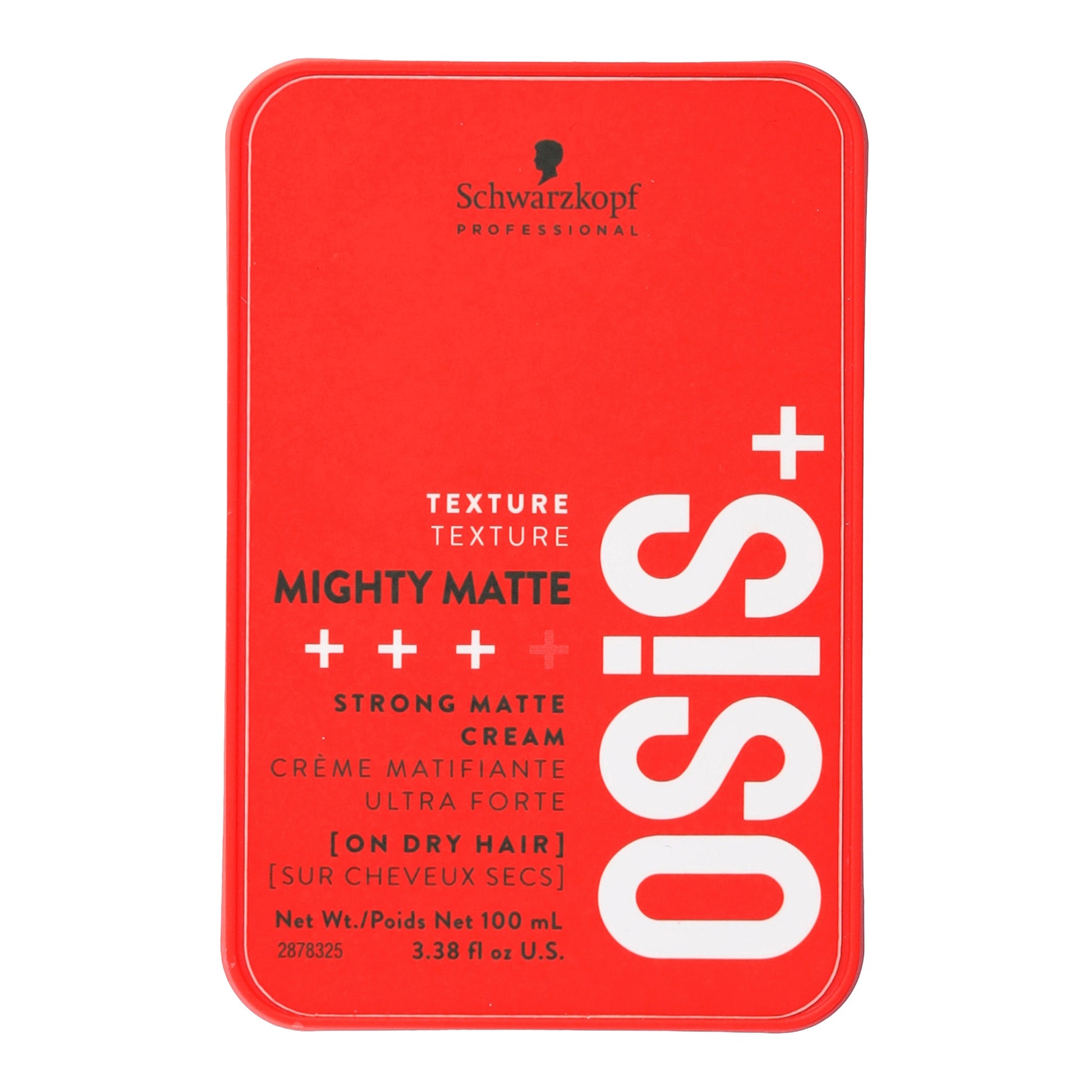OSiS+ Mighty Matte Strong Matte Cream — 100 ml red tin, front view, plain white background