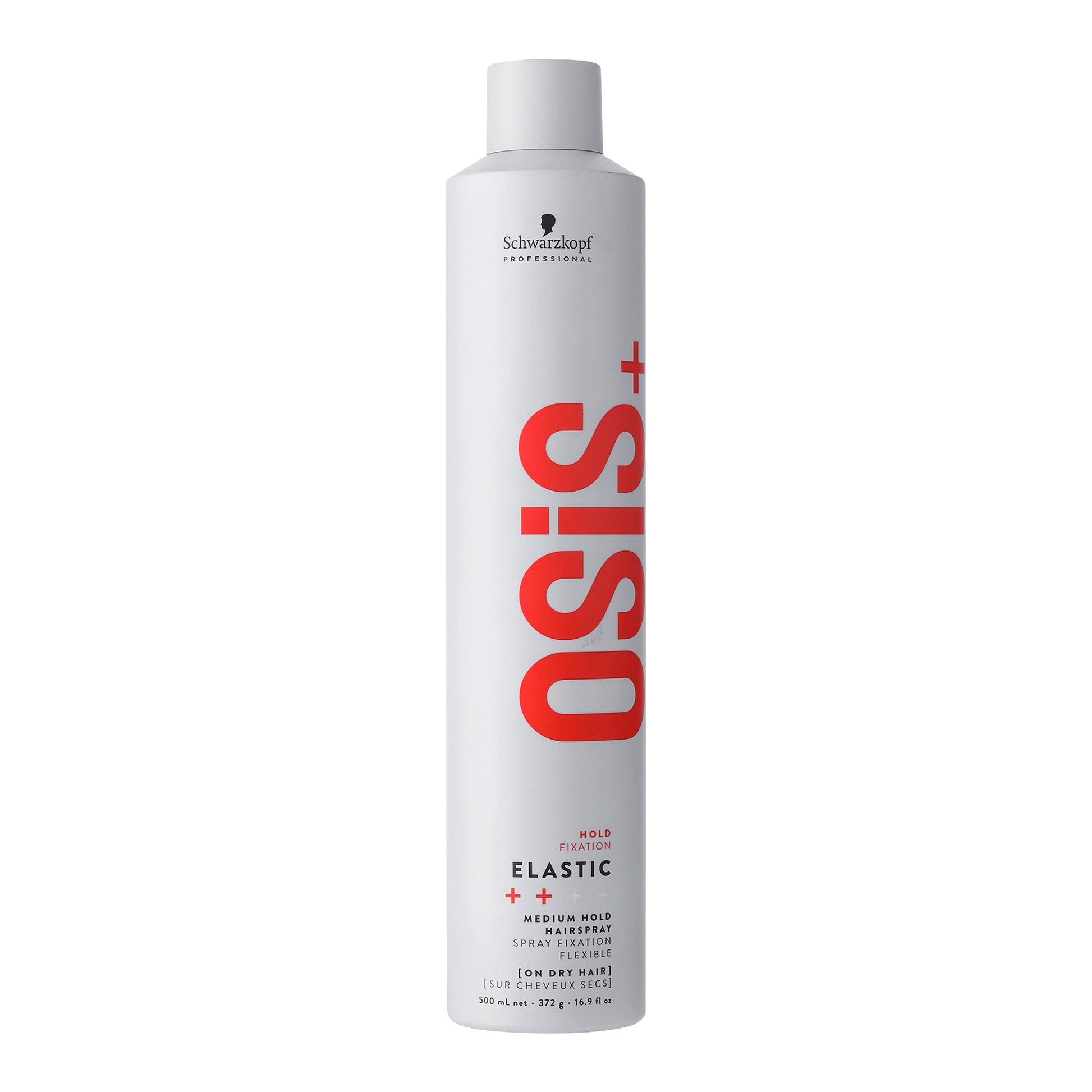 OSiS+ Elastic Medium Hold Hairspray — 500 ml white aerosol can, front view, plain white background