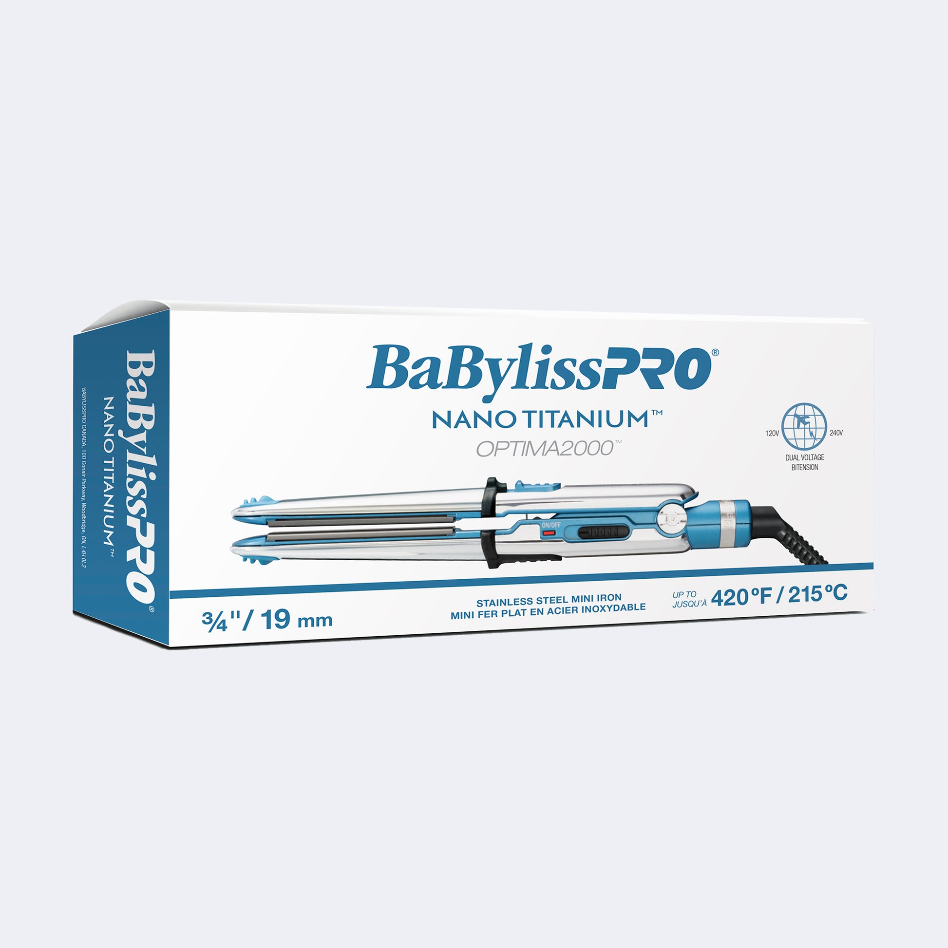 BaBylissPRO Nano Titanium Optima 3/4-inch mini flat iron packaging