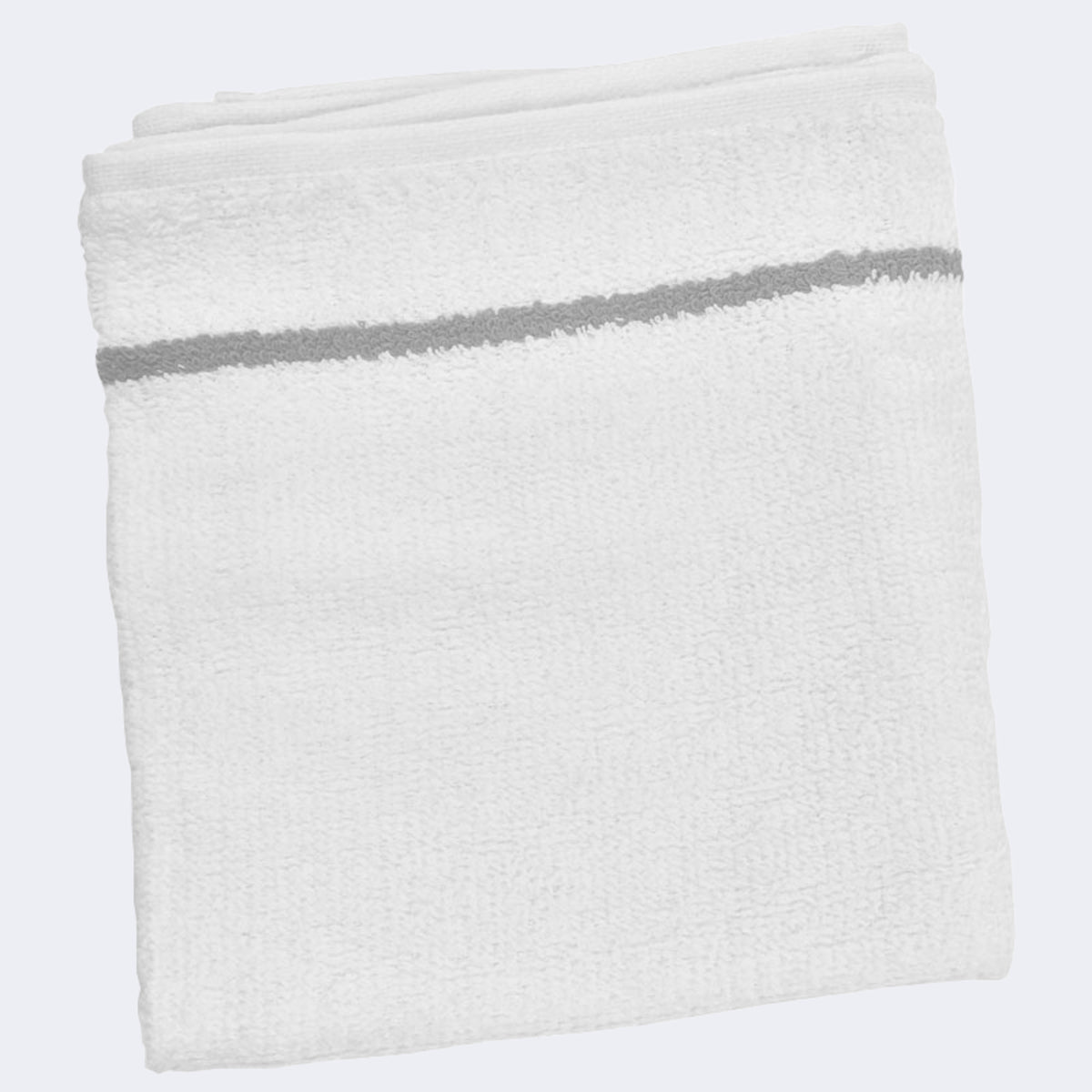 Extra-long deluxe white towels with grey  stripe. Size: 16" x 30". 12/pack