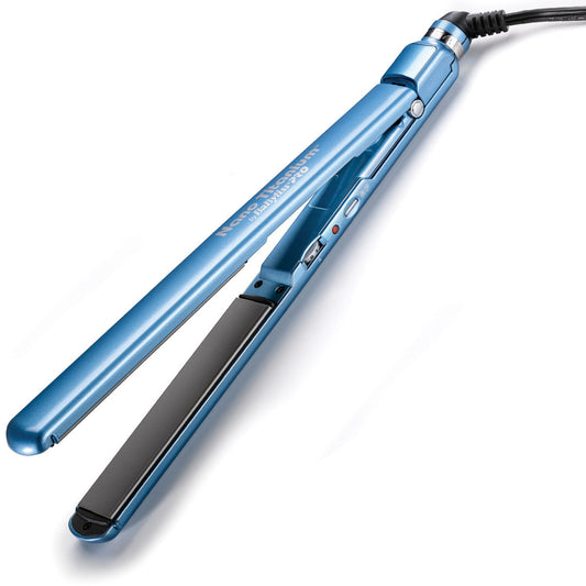 BaBylissPRO Nano-Titanium & Ceramic Flat Iron 1" (BNT3072C) — blue nano-titanium flat iron, plates open, plain white background