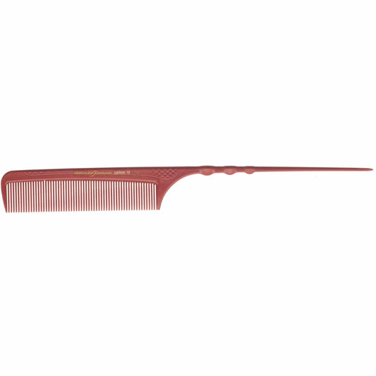 Hercules Sägemann Carbon 16 pin-tail comb, 9" — red carbon comb with fine and coarse teeth and a long pointed tail, on white