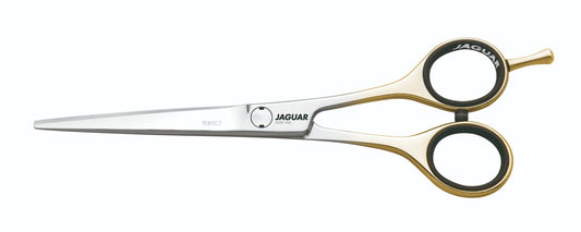 Jaguar Silver Line Perfect 5.5" two-tone hairdressing shear — silver mirror blades with gold-plated shanks and finger rings, side profile on white