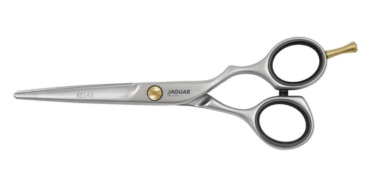 Jaguar Pre Style Relax Scissors 6.5" (82365) — satin-finish staggered-branch shear with gold finger rest, plain white background