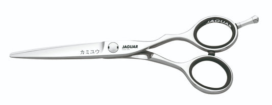 Jaguar Kamiyu Offset Branch Scissors (88575) — Goldline Kamiyu hairdressing shear, full side view, plain white background