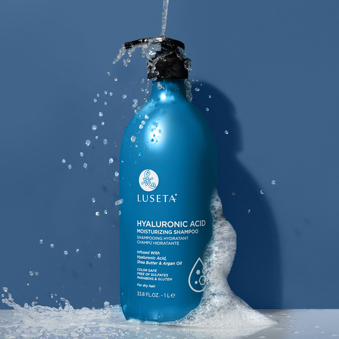 Luseta Beauty Hyaluronic Acid Moisturizing Shampoo - 33.8 fl oz / 1 L blue bottle, front label, water splash on blue background