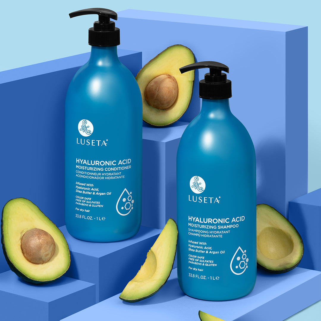 Luseta Beauty Hyaluronic Acid Shampoo & Conditioner Duo - matching 33.8 fl oz / 1 L shampoo and conditioner pair on blue blocks