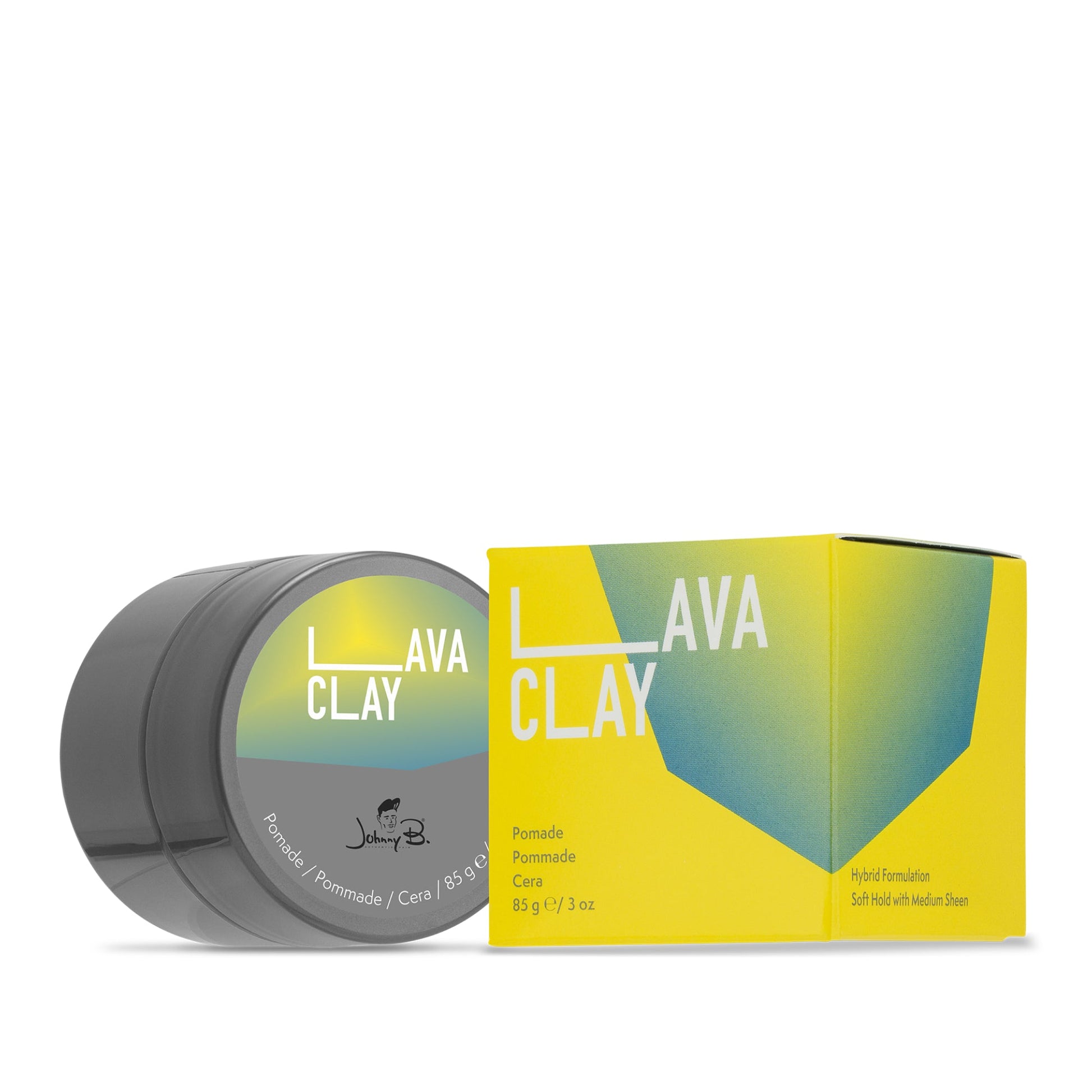 Johnny B Lava Clay — 3 oz jar with yellow box, current packaging, white background