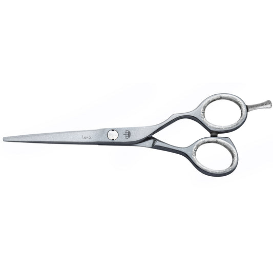 Jaguar Leia 5.5" hairdressing shear — satin-finish blade engraved Leia, dark finger rings, side profile on plain background