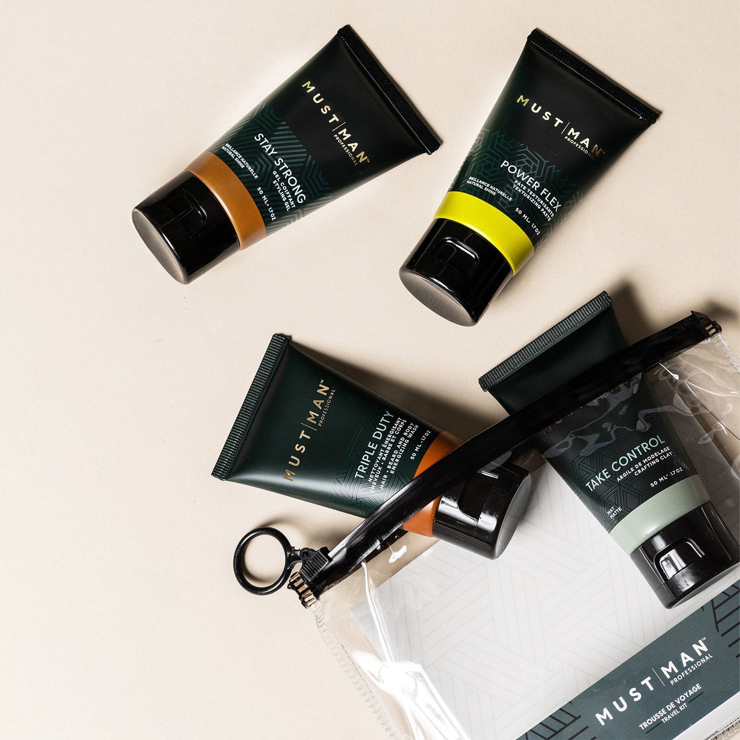 Must Man Professional Wash & Style Travel Kit – Four 50 ml Grooming Essentials