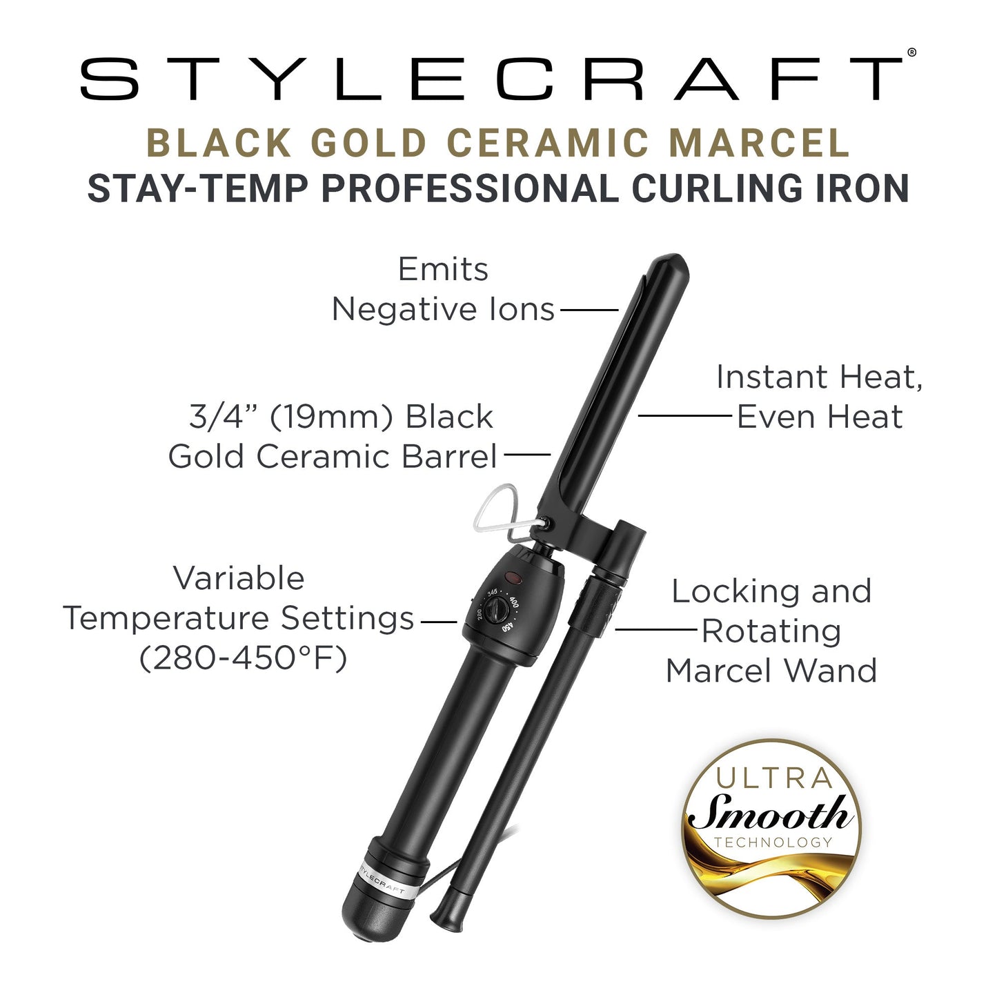 StyleCraft Stay-Temp Black Gold Marcel Curling Iron 3/4" – Professional