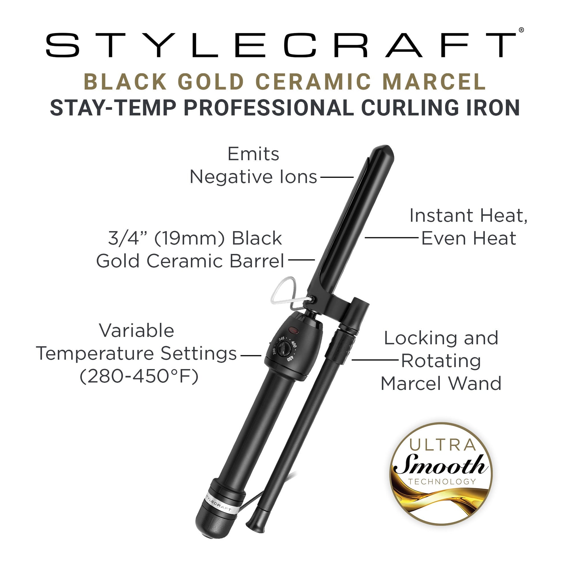 StyleCraft Stay-Temp Black Gold Marcel Curling Iron 3/4" – Professional