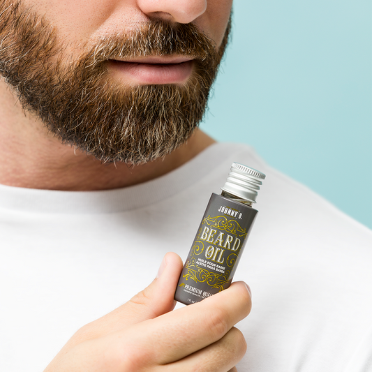 Johnny B Beard Oil — model lifestyle shot, current Johnny B livery