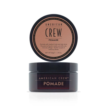 American Crew Pomade — 50 g tub, lid reading NET WT 50g / 1.75 Oz., medium hold and high shine, plain white background