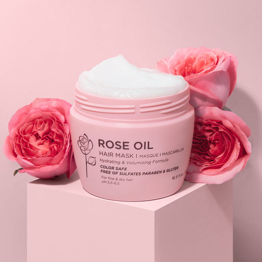 Luseta Beauty Rose Oil Hair Mask - 16.9 fl oz / 500 ml jar open showing the mask texture, with pink roses