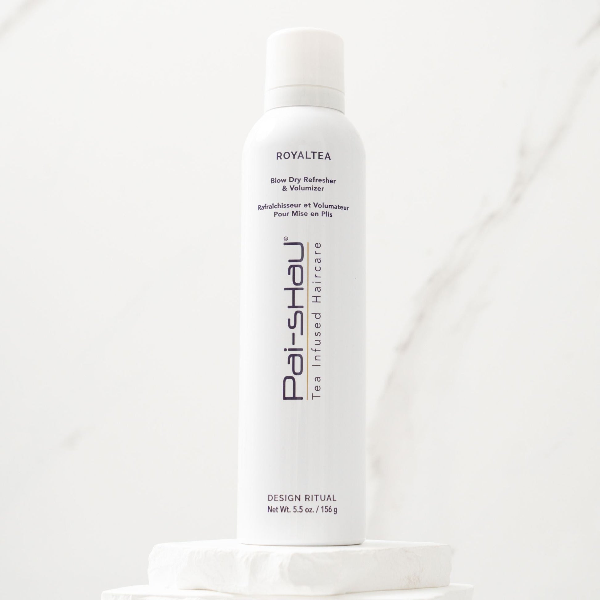 Pai-Shau Dry Shampoo — RoyalTEA 156 g dry shampoo can, front on marble