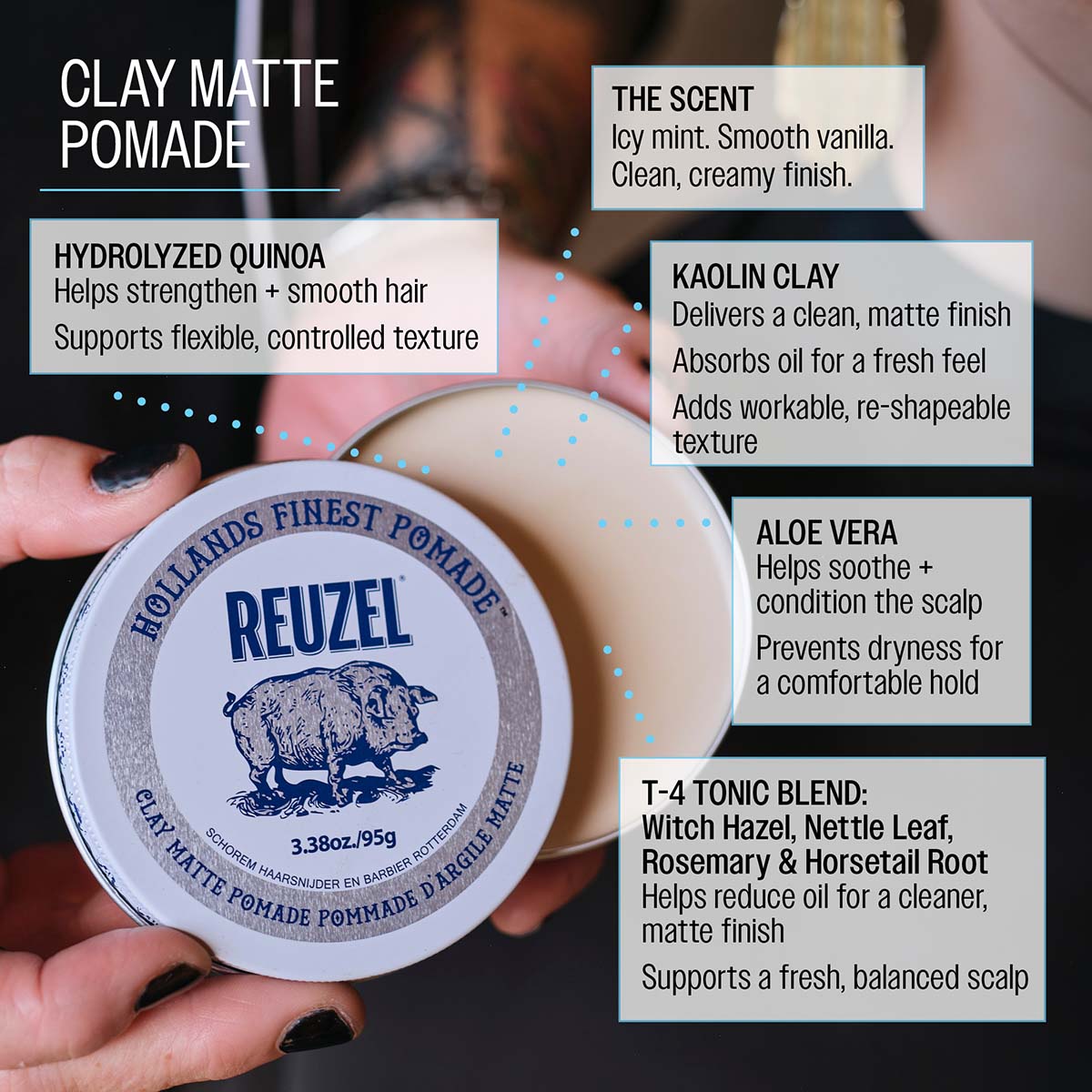 Reuzel Clay Matte Pomade - Strong Hold & Matte Finish for Active Men