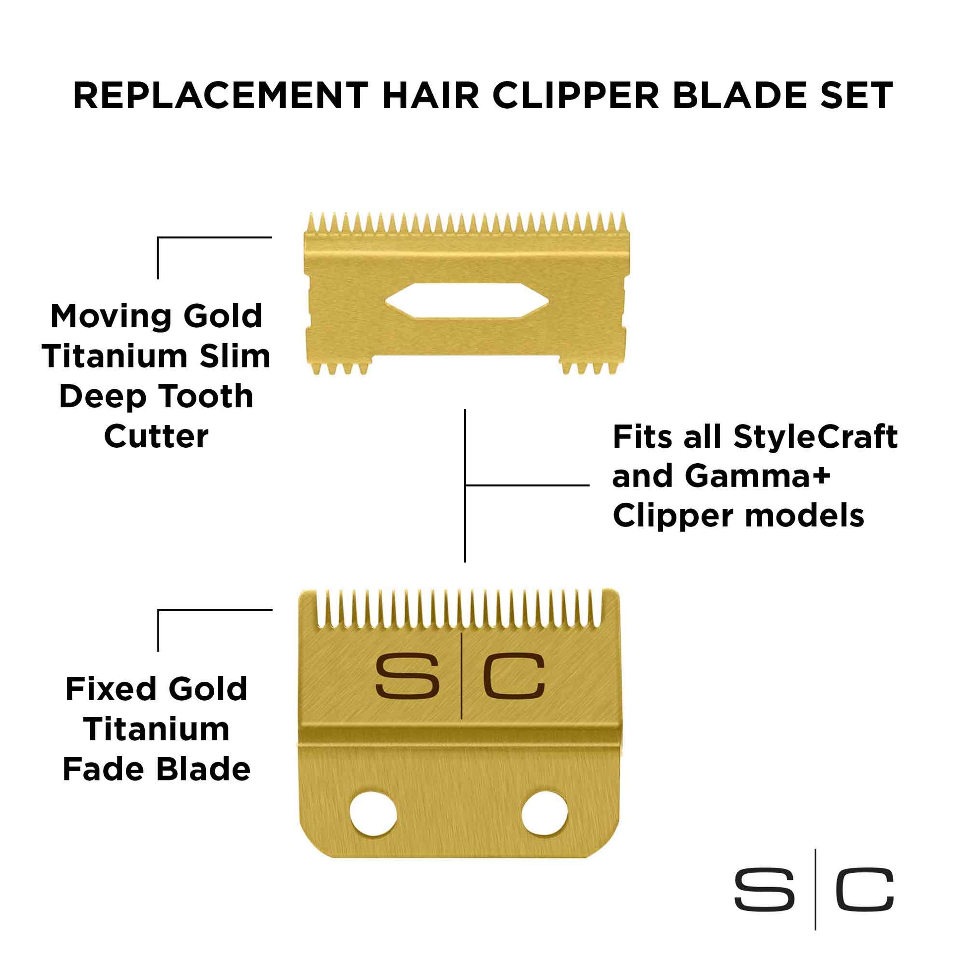 StyleCraft Gold Titanium Fade Clipper Blade & Slim Deep Tooth Cutter – Professional
