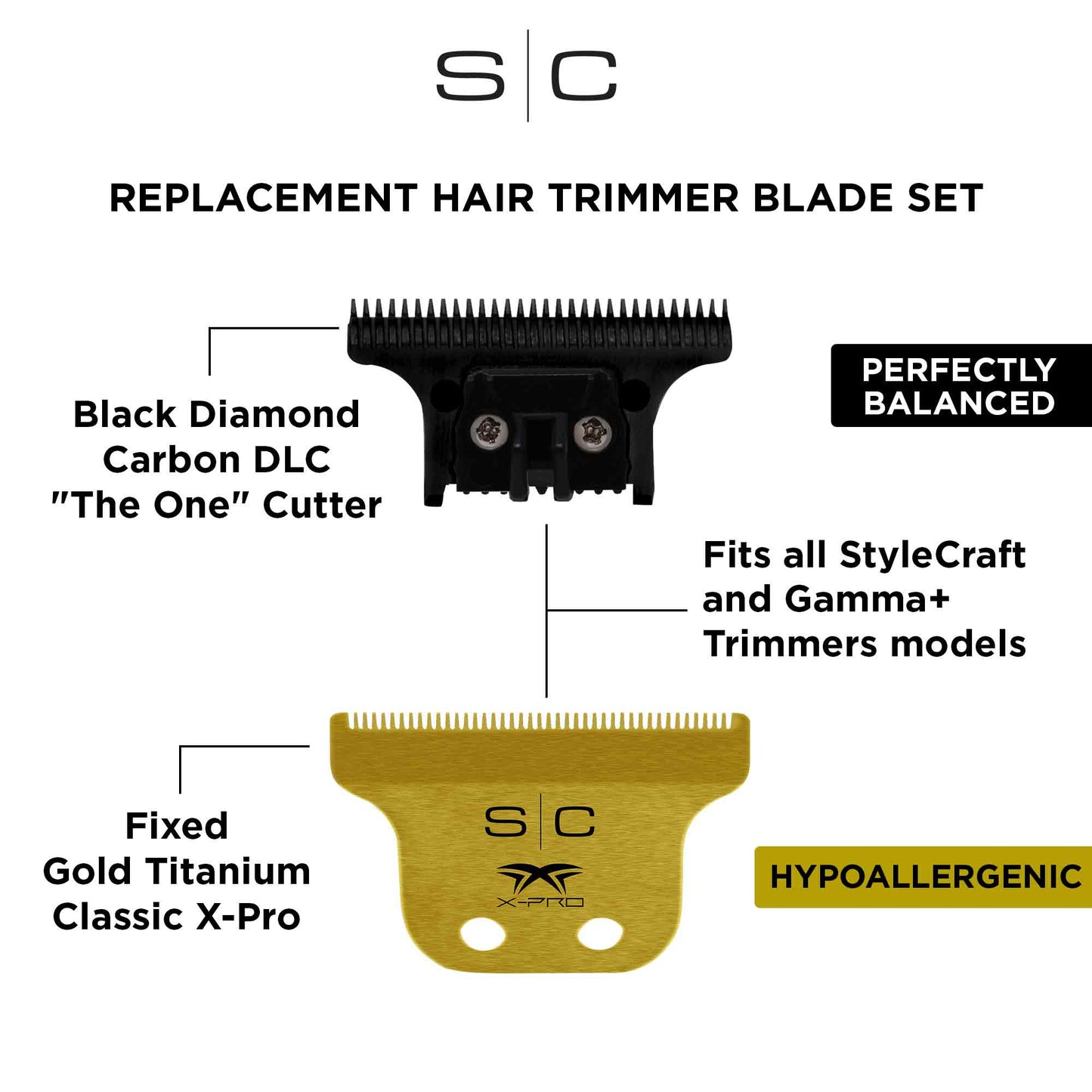 StyleCraft Gold Titanium X-Pro Classic Trimmer Blade & Black DLC "The One" Cutter – Professional