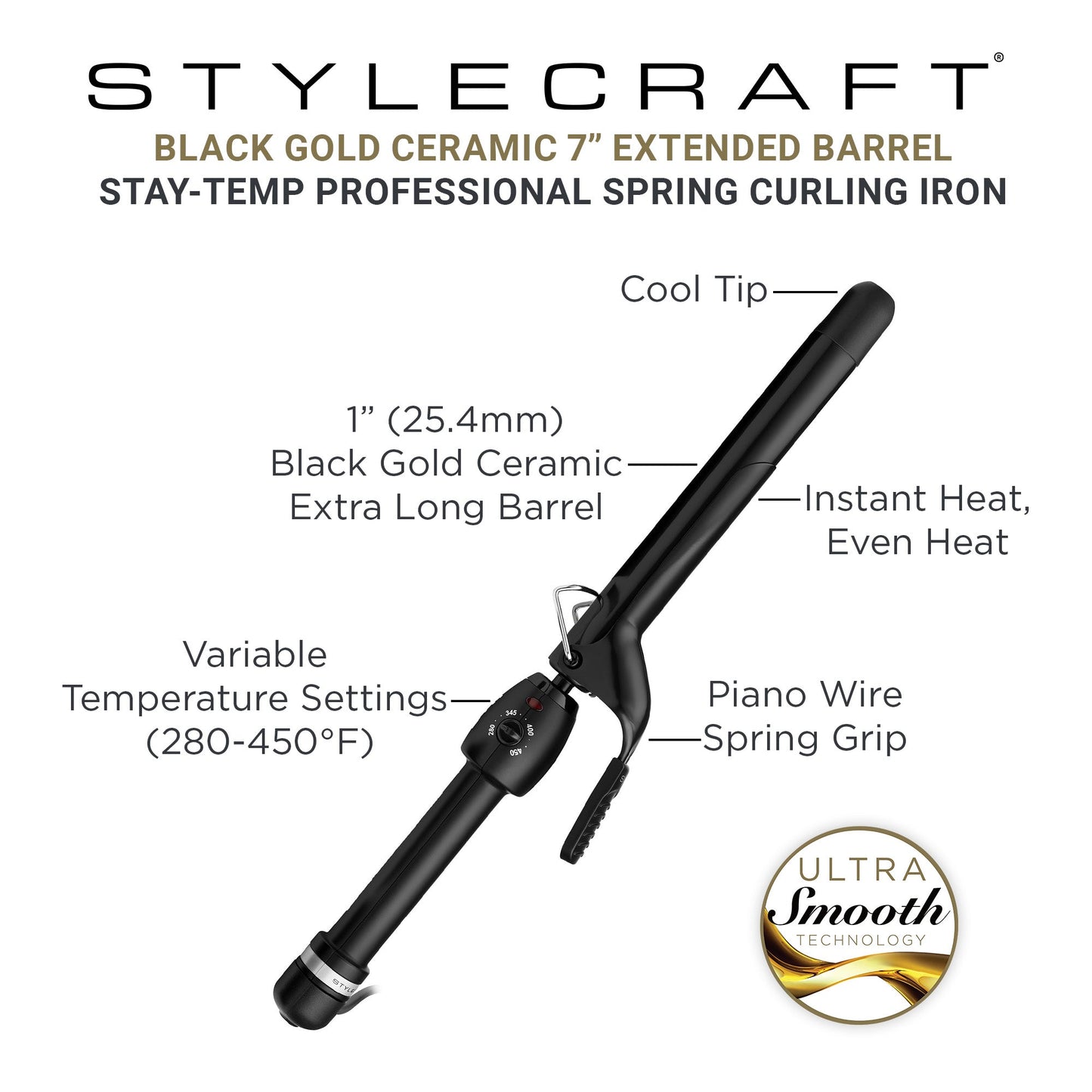 StyleCraft Stay-Temp Black Gold Extended Barrel Curling Iron – 1"