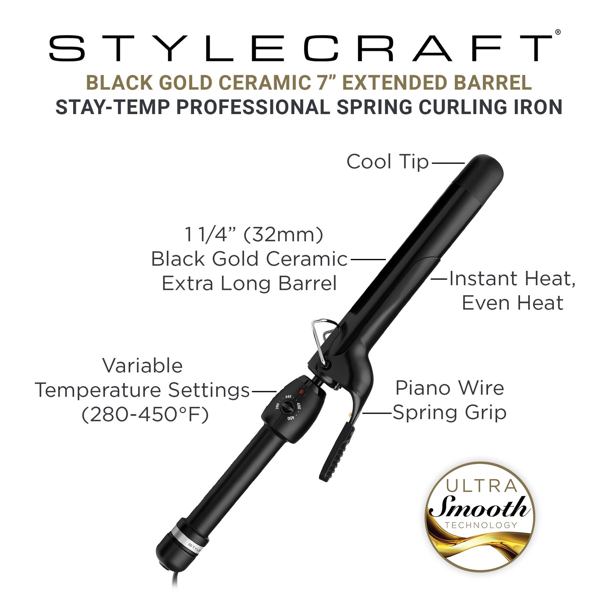 StyleCraft Stay-Temp Black Gold Extended Barrel Curling Iron – 1"