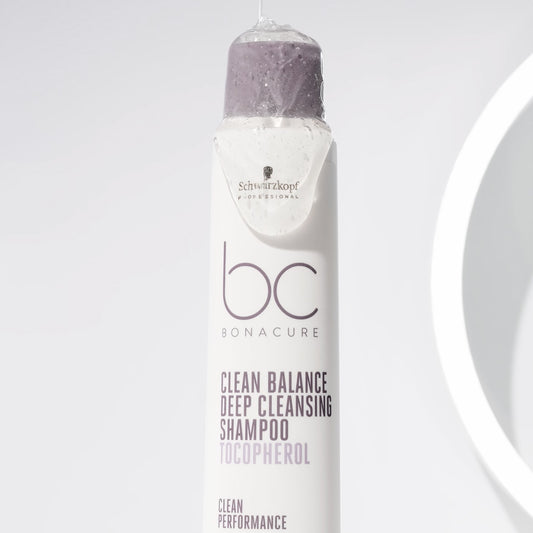 Bonacure Clean Balance Deep Cleansing Shampoo — bottle close-up with foam, official brand flat lay