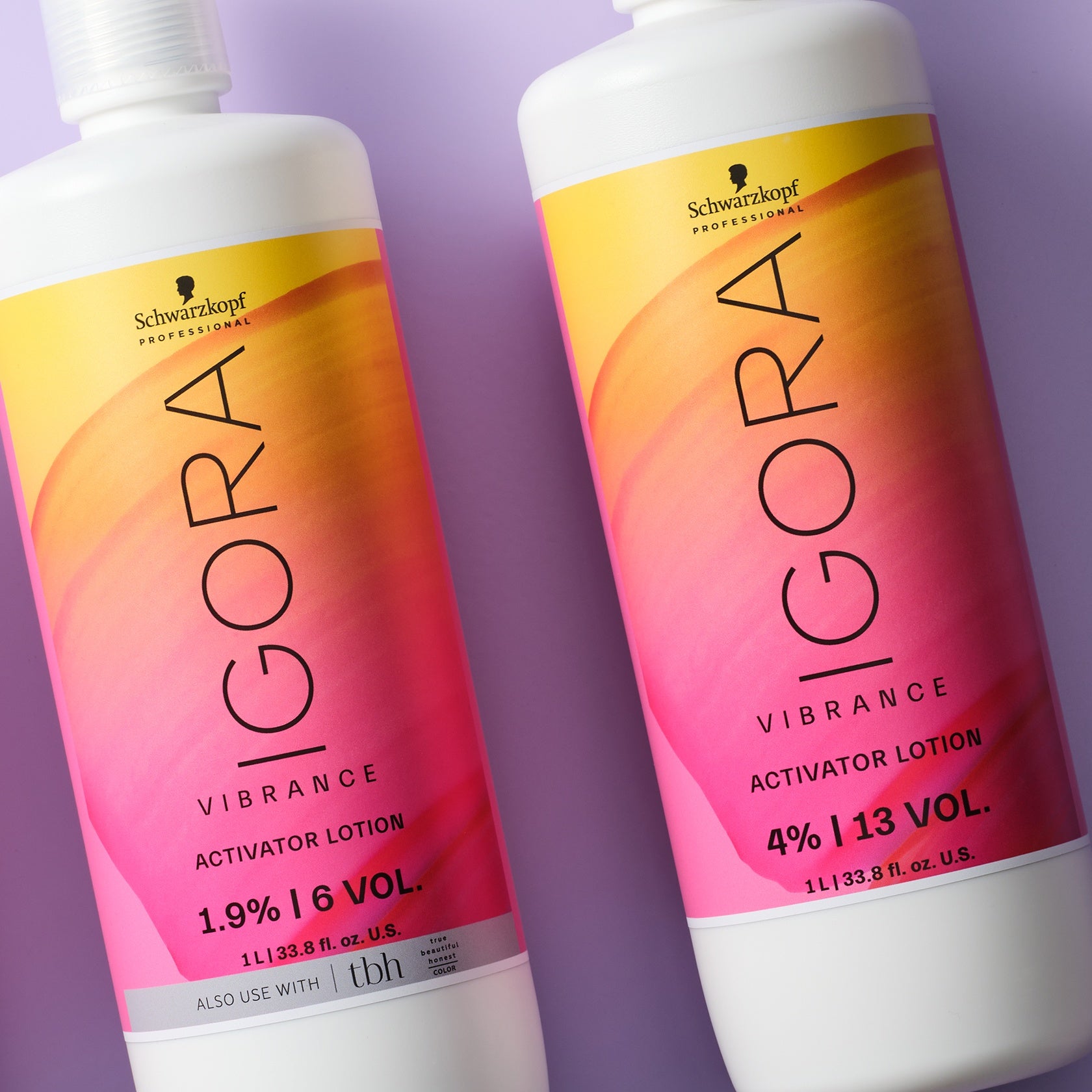 Schwarzkopf IGORA Vibrance Activator Lotion — the 1.9% / 6 Vol and 4% / 13 Vol activator lotion bottles side by side
