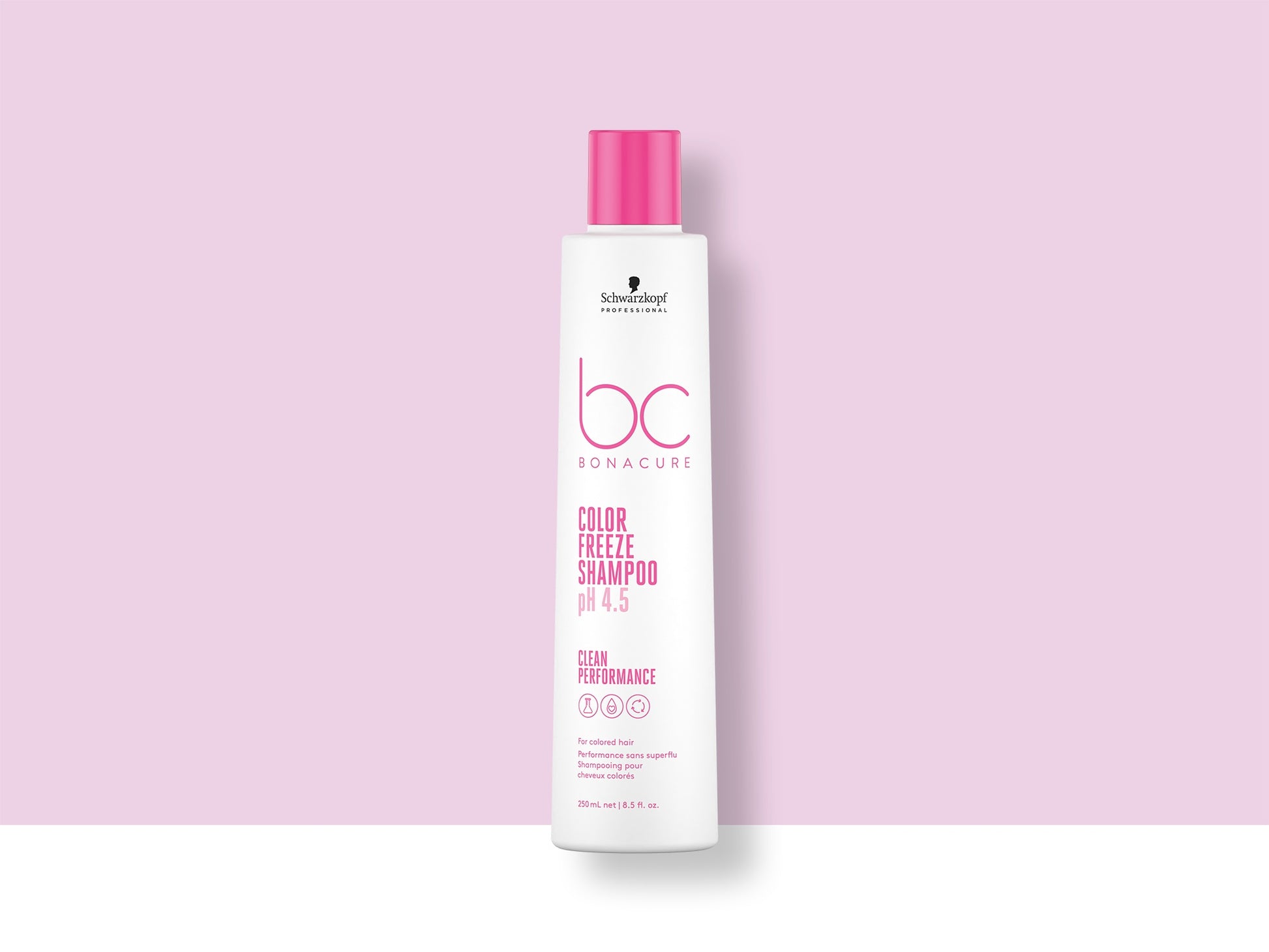 Bonacure Color Freeze Shampoo — 2021 Clean Performance 250 ml bottle, official brand tile on pink background