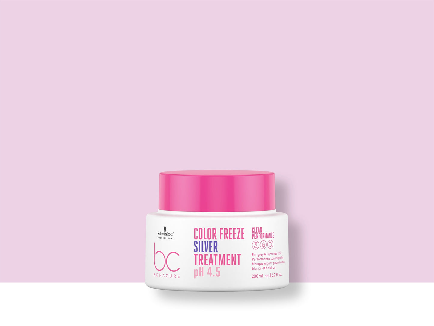 Bonacure Color Freeze Silver Treatment — Silver Treatment 200 ml jar, 2021 Clean Performance livery, official brand tile on pink background