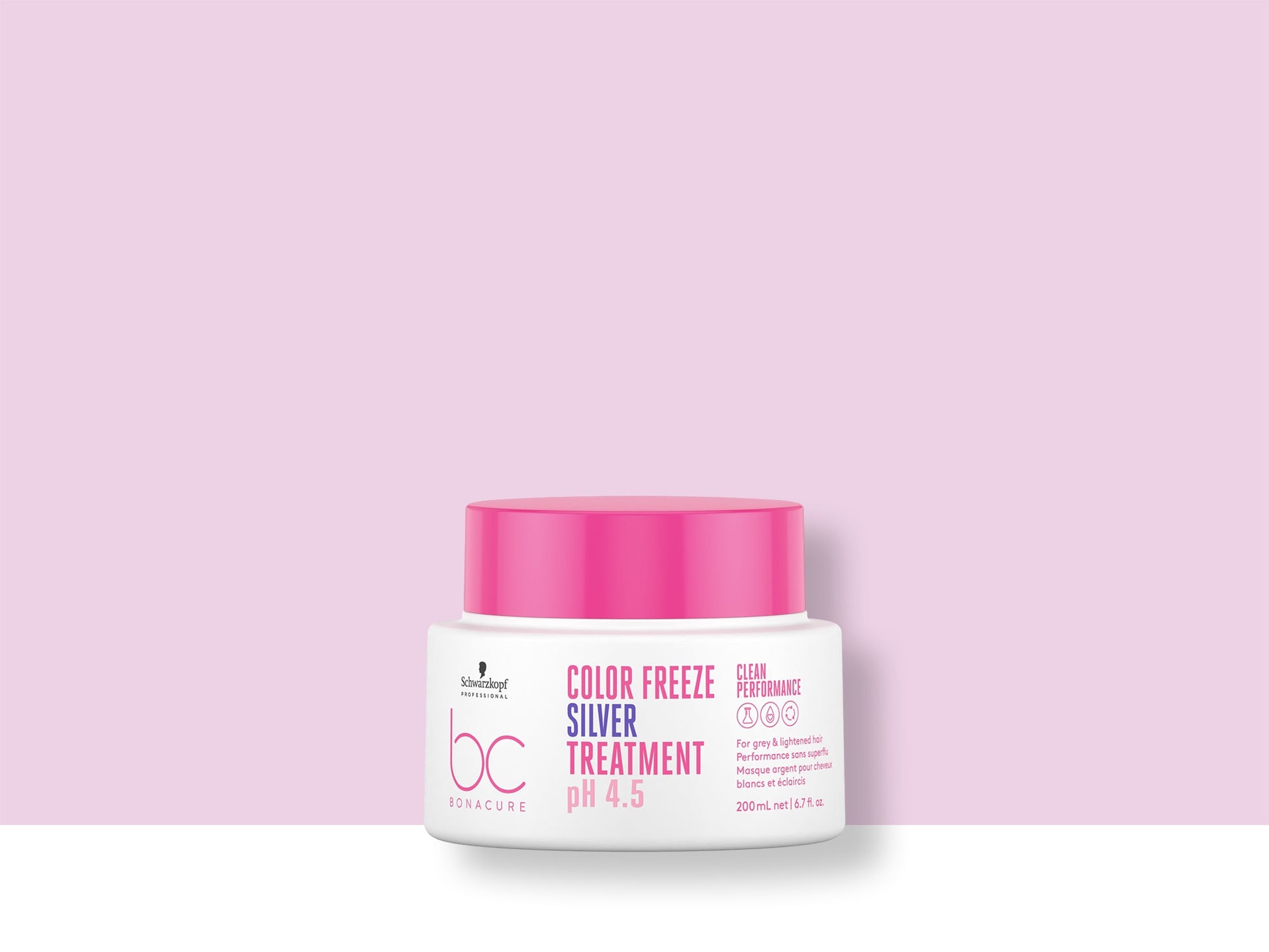 Bonacure Color Freeze Silver Treatment — Silver Treatment 200 ml jar, 2021 Clean Performance livery, official brand tile on pink background