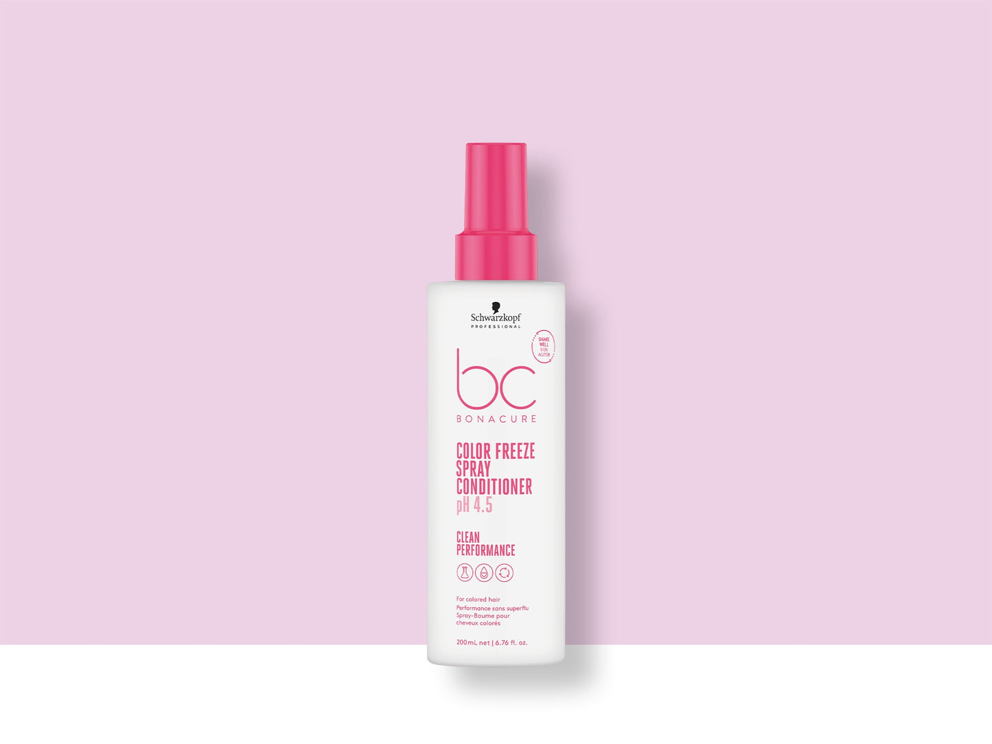 Bonacure Color Freeze Spray Conditioner — Spray Conditioner 200 ml, 2021 Clean Performance livery, official brand tile on pink background