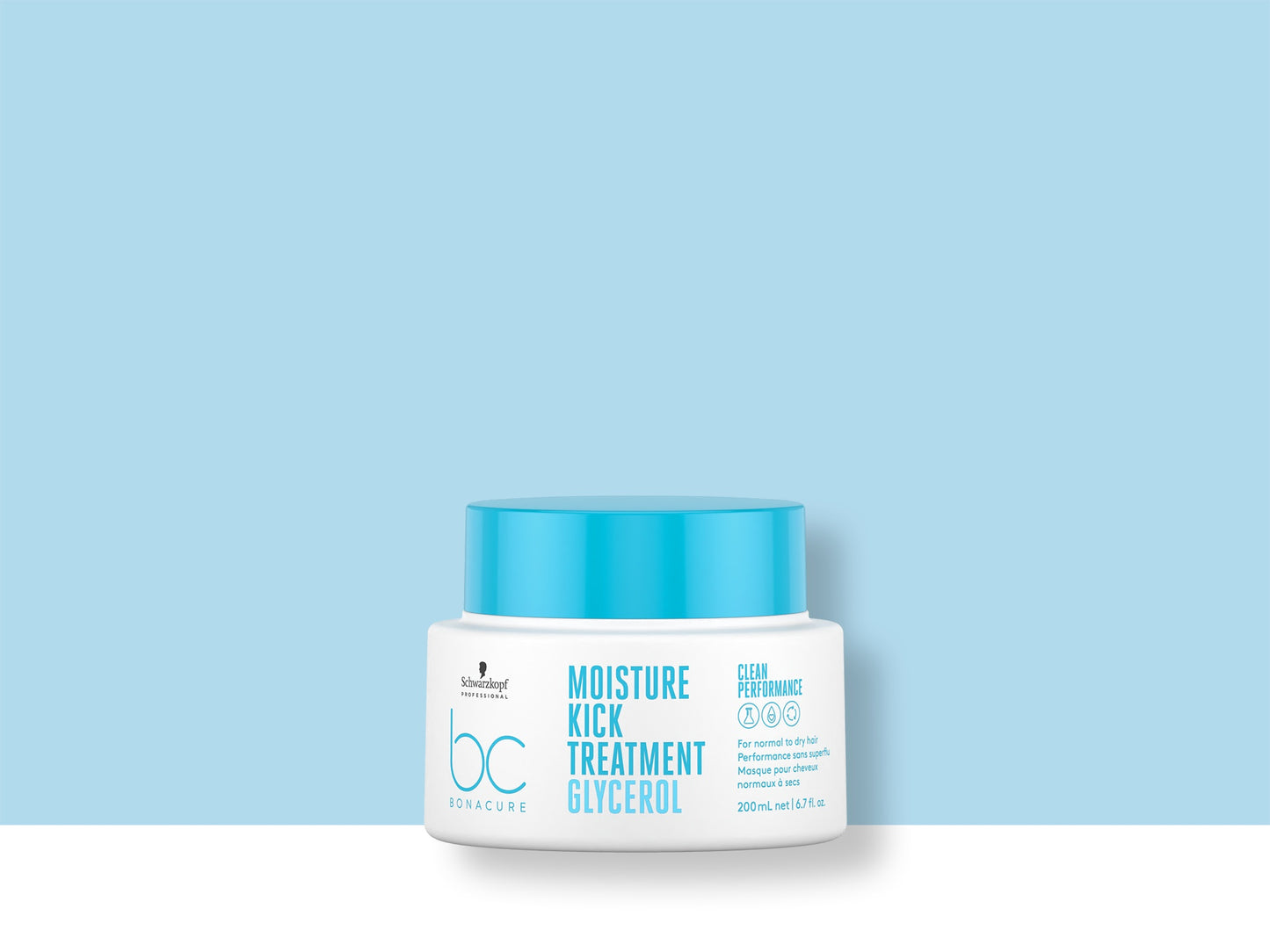 Bonacure Moisture Kick Treatment — 200 ml jar, 2021 Clean Performance livery, official brand tile on blue background
