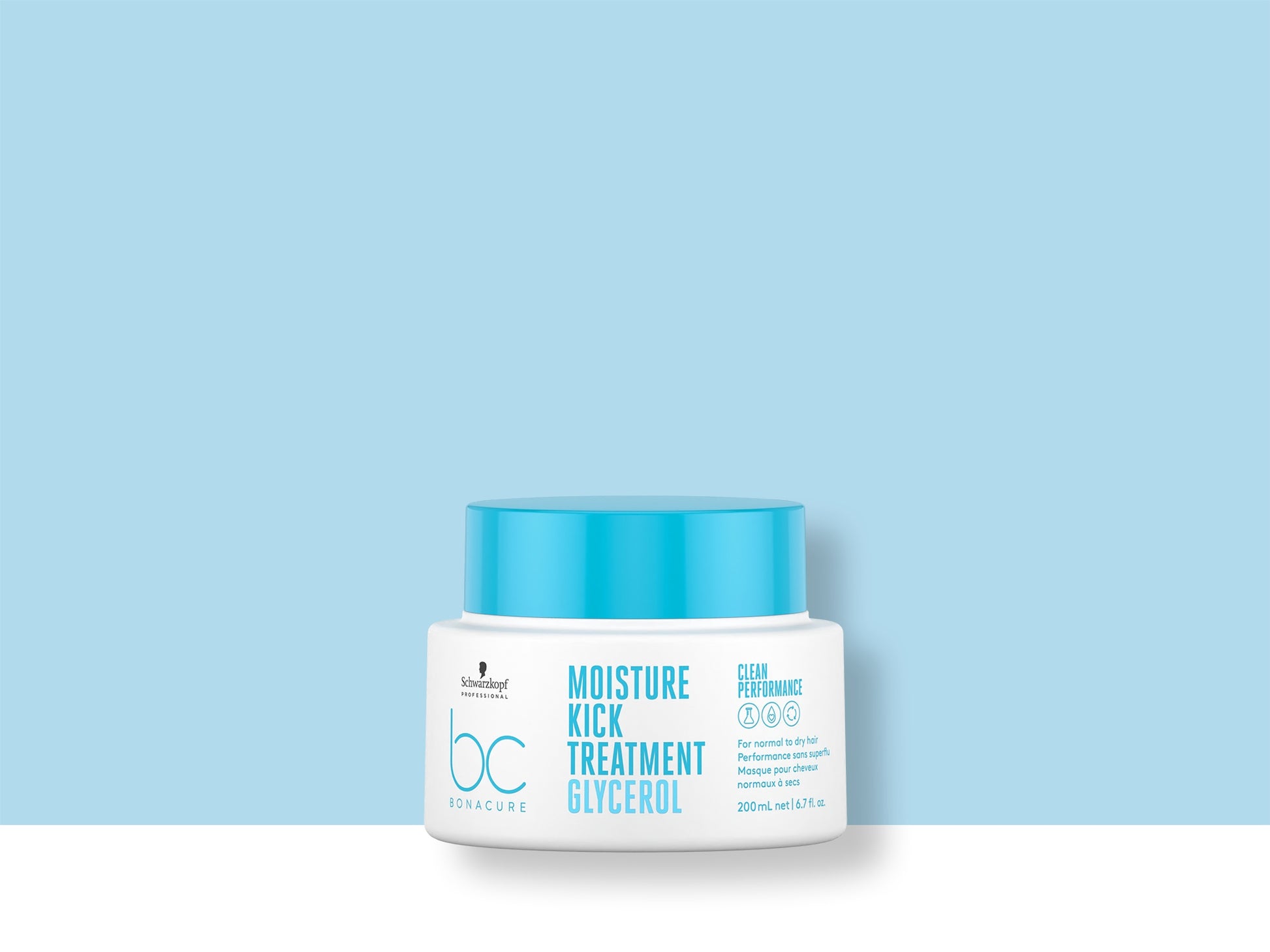 Bonacure Moisture Kick Treatment — 200 ml jar, 2021 Clean Performance livery, official brand tile on blue background