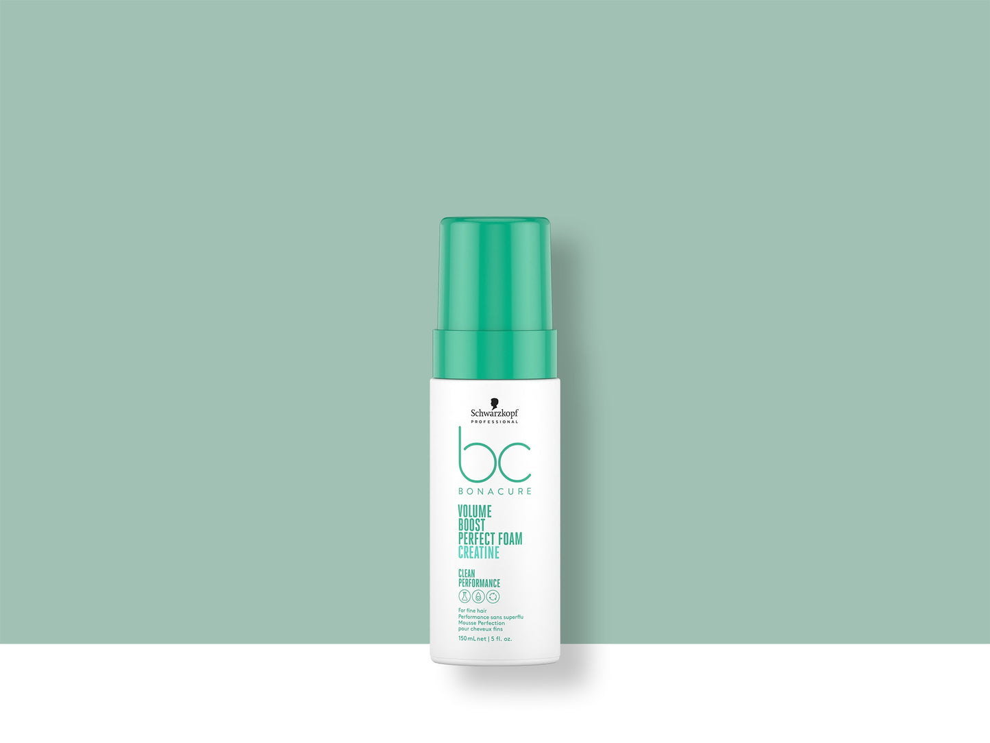 Bonacure Volume Boost Leave-In Foam — Perfect Foam 150 ml can, 2021 Clean Performance livery, official brand tile on green background