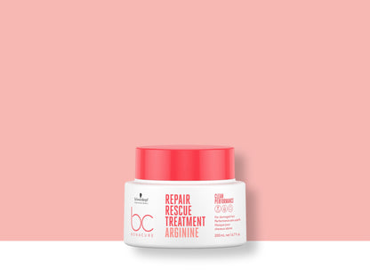 Bonacure Repair Rescue Treatment — Treatment 200 ml jar Arginine, 2021 Clean Performance livery, official brand tile on coral background