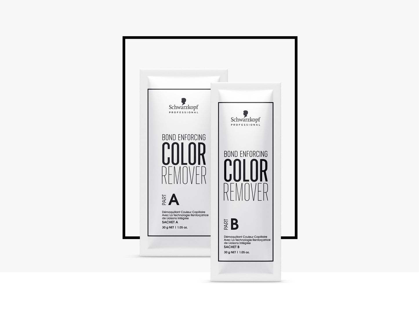 Schwarzkopf Bond Enforcing Color Remover Kit (10x30g) — Part A and Part B sachets side by side, front of pack, plain background