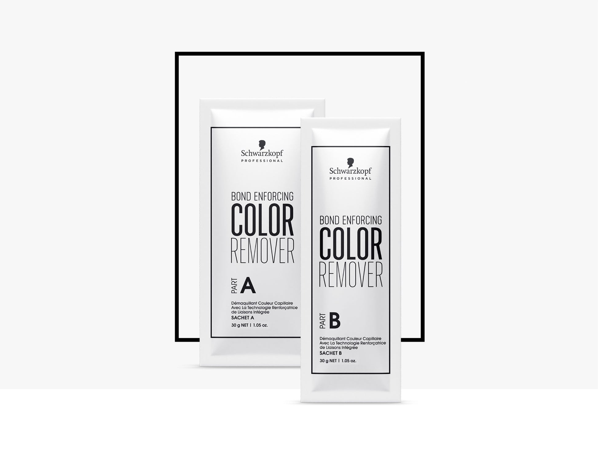 Schwarzkopf Bond Enforcing Color Remover Kit (10x30g) — Part A and Part B sachets side by side, front of pack, plain background