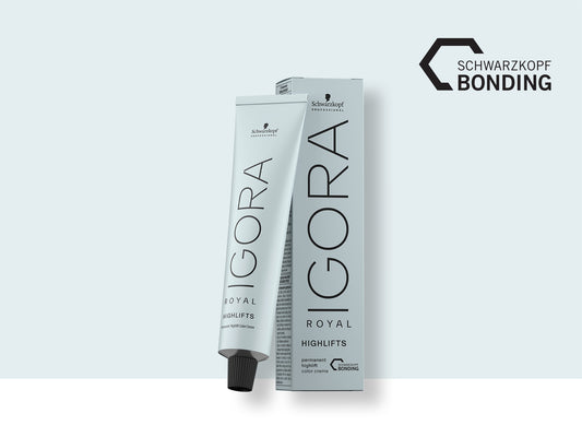 Schwarzkopf IGORA Royal Highlifts — 60 ml tube and carton, front label, plain background