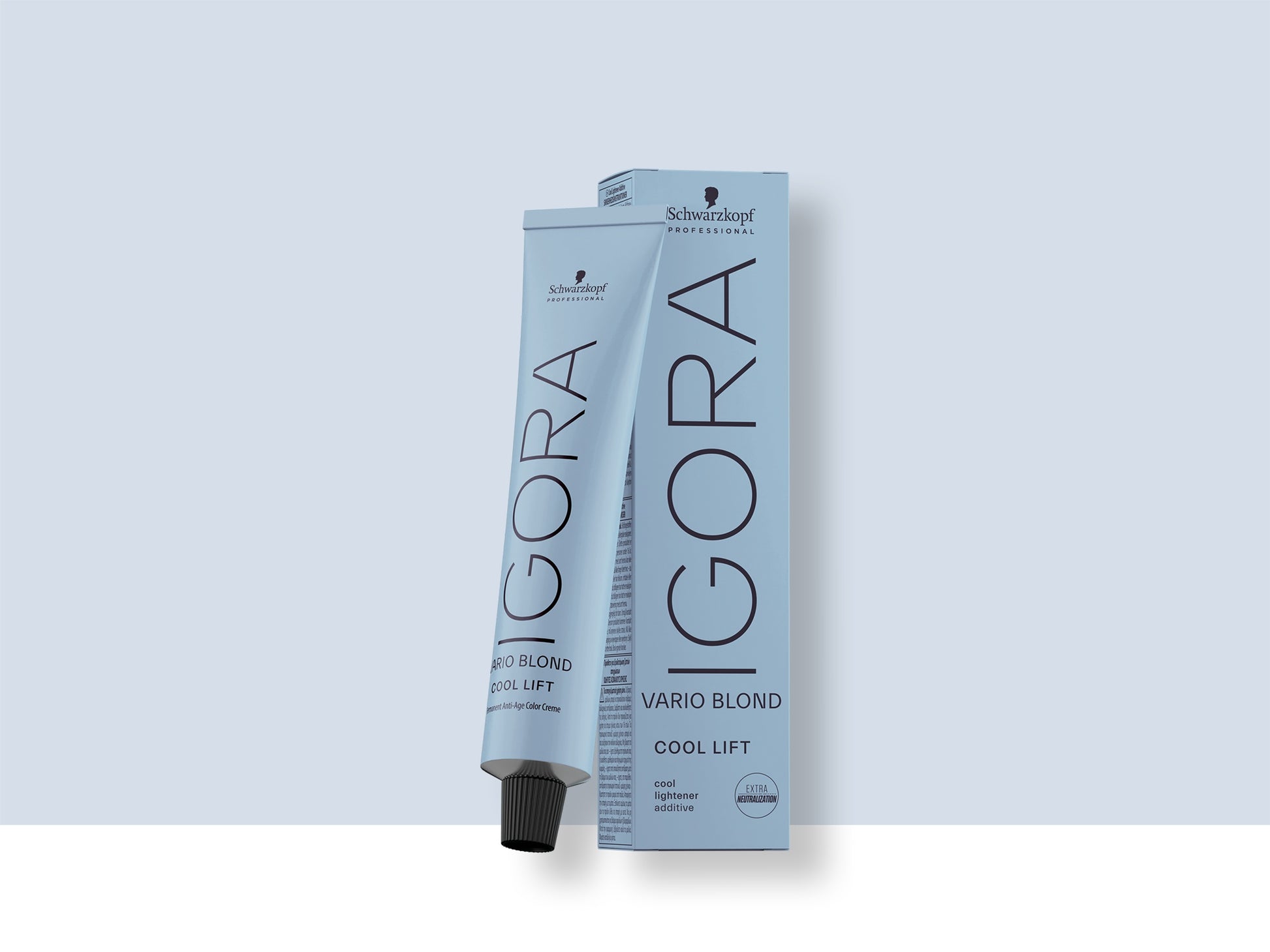 Schwarzkopf IGORA Vario Blond Cool Lift — tube and carton, front label, plain background