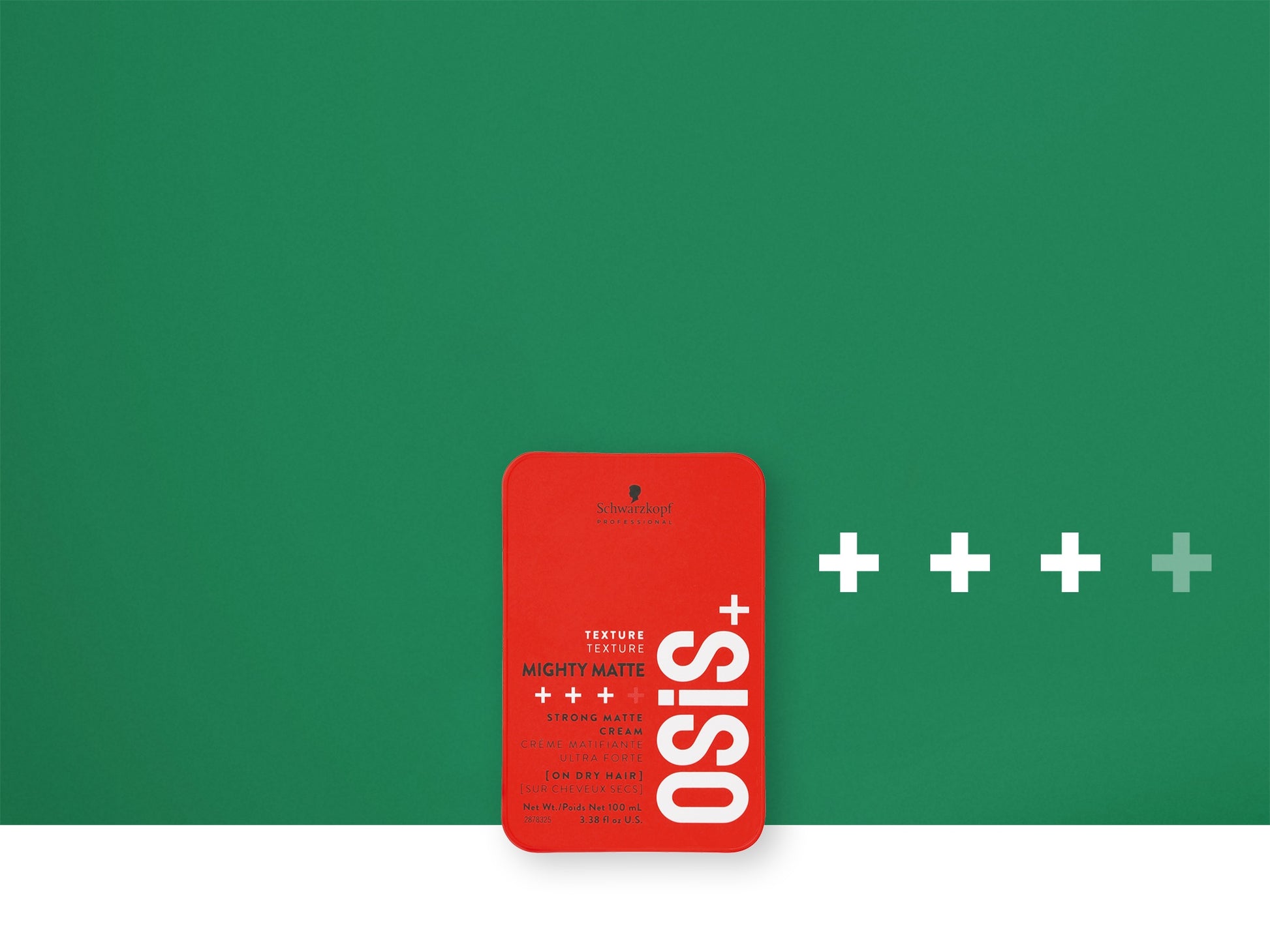 OSiS+ Mighty Matte Strong Matte Cream — 100 ml red tin, brand tile on green background
