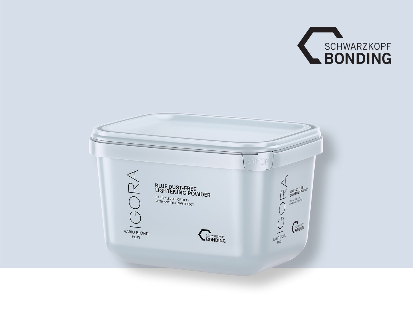 Schwarzkopf IGORA Vario Blond Plus Blue Bleach Dust Free Lightening Powder — current-livery tub, blue dust-free lightening powder, front label, plain background