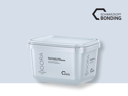 Schwarzkopf IGORA Vario Blond Plus Blue Bleach Dust Free Lightening Powder — current-livery tub, blue dust-free lightening powder, front label, plain background