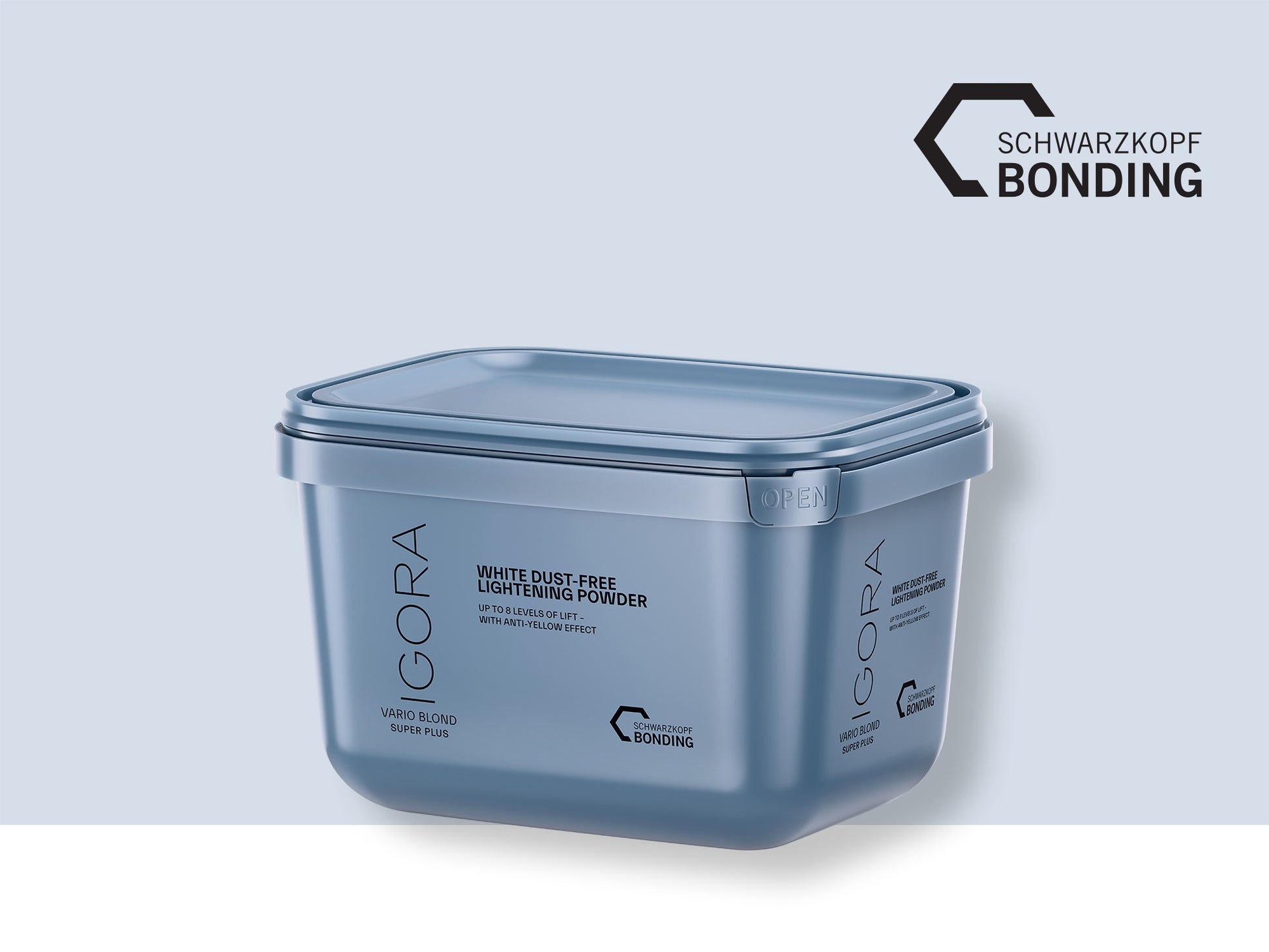 Schwarzkopf IGORA Vario Blond Super Plus — current-livery blue tub, white dust-free lightening powder, front label, plain background
