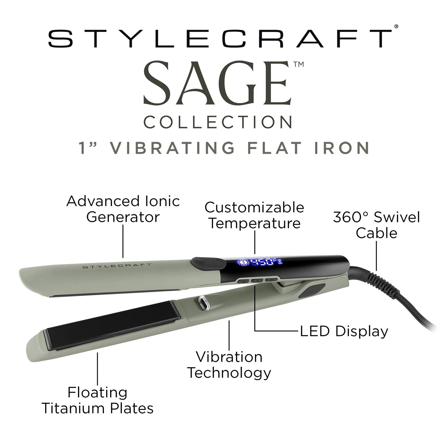 StyleCraft Sage Vibrating Titanium Flat Iron 1" – Professional